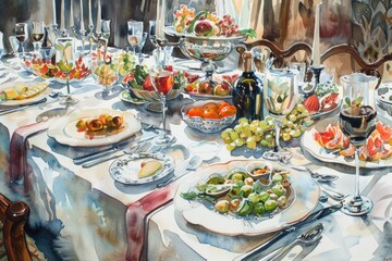 A watercolor illustration of a table set with plates, glasses, and utensils ready for a meal