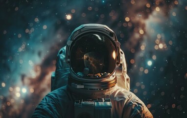 A close-up portrait of an astronaut in space, looking out towards the camera. The astronaut is wearing a white spacesuit with a black helmet, and the background is a beautiful cosmic scene