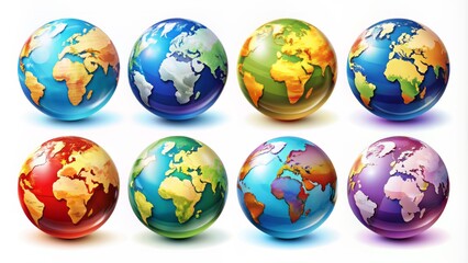 Colorful high-quality vector illustrations of 3D world globes with different designs and styles on white background isolated elements collection.