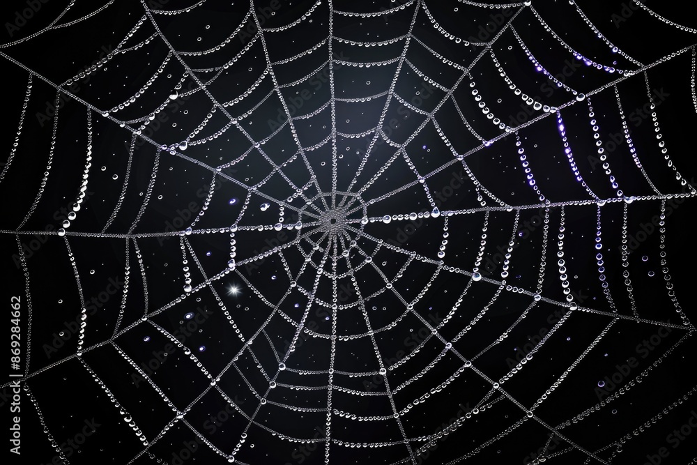 Poster A close-up shot of a spider web covered in tiny water droplets, creating a beautiful and intricate pattern