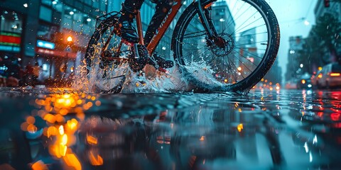 Cyclist Riding Through Urban Rain with Reflections and City Lights