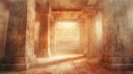 Blurred ancient Mayan temple interior with no people, classical interior, light colors, background, wallpaper 