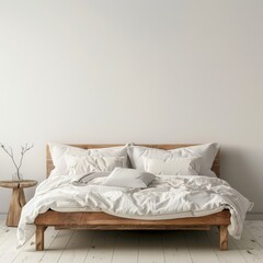 bed in a scandinavian bedroom in front of empty white wall