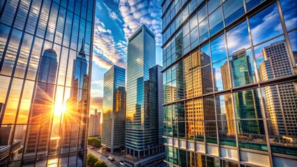 Fototapeta premium A stunning urban landscape featuring sleek skyscrapers bathed in warm sunlight, reflected in a massive glass window's spotless pane.