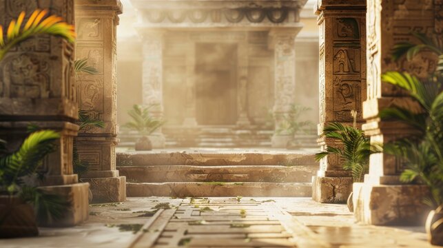 Blurred ancient Mayan temple interior with no people, classical interior, light colors, background, wallpaper 