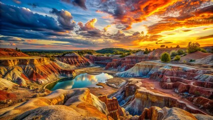 Vibrant orange and blue hues of an unconventional quarry landscape evoke a sense of liberation and joy, sans human presence.