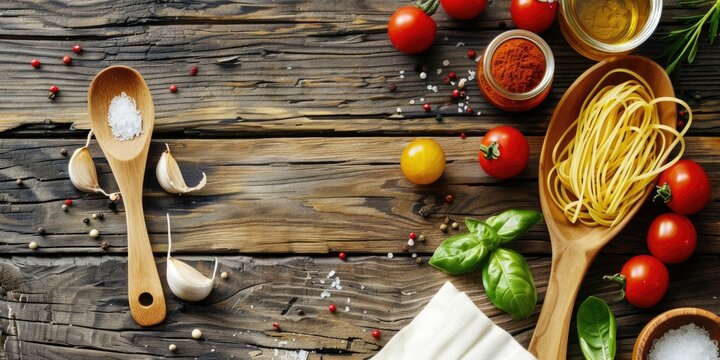 Food Board. Wooden Spoon with Ingredients for Italian Cooking