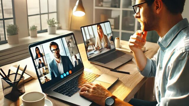 Two colleagues in a virtual meeting. Laptop screens showing video calls, modern home office setup.