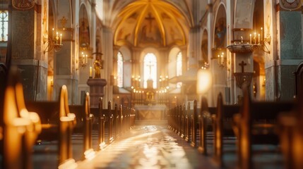 Blurred Catholic church interior with no people, classical interior, light colors, background, wallpaper 