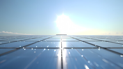 Large photovoltaic power plant at sunset with many solar panels