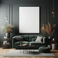 Poster frame mockup in dark green living room interior, 3d render 