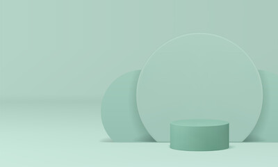 Minimal 3d green cylinder podium light geometric showroom space realistic vector illustration