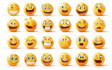 A collection of twenty-four vibrant yellow emoticons with various expressions, isolated on a white background