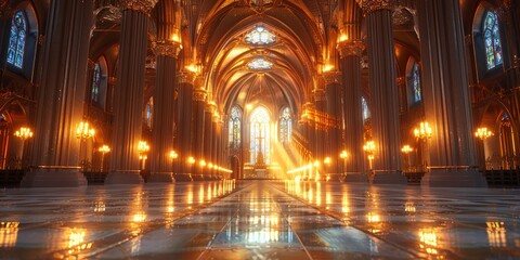 Fototapeta premium Majestic Cathedral at Sunset with Glowing Light and Reflections