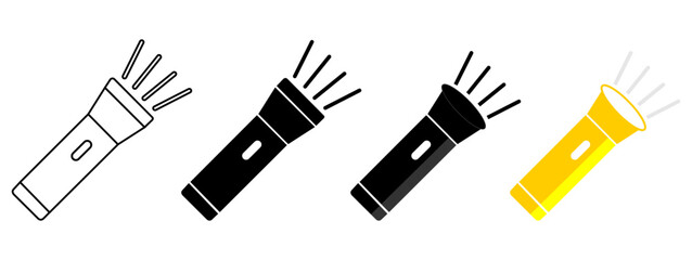 Obraz premium Flashlight icon. Torch signs. Lamp light symbol. Electric portable device symbols. Spotlight for police icons. Black, yellow, flat color. Vector isolated sign.