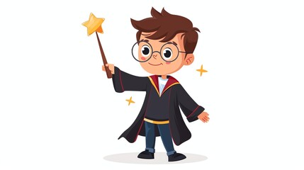 A cartoon illustration of a happy boy wearing a wizard's robe and holding a magic wand.