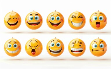 Fototapeta premium This set has 10 3D emoticons in vibrant colors, showing various facial expressions like happiness, sadness, anger, and surprise. Emoticons are on a white background