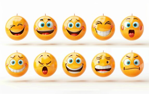 This set has 10 3D emoticons in vibrant colors, showing various facial expressions like happiness, sadness, anger, and surprise. Emoticons are on a white background