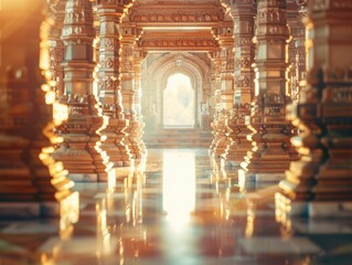 Blurred Indian temple interior with no people, classical interior, light colors, background, wallpaper 
