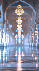 Fototapeta premium Blurred Muslim mosque interior with no people, classical interior, light colors, background, wallpaper 