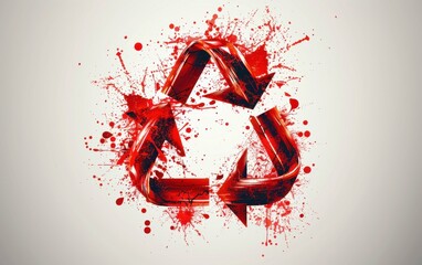 A close-up of a red recycle symbol with blood splatters on a white background. The symbol is designed with a 3D effect and is surrounded by abstract blood splatter