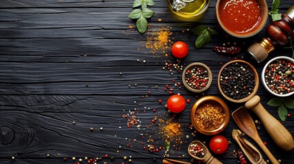 Rustic Black Wooden Background with Spices, Tomatoes, and Herbs