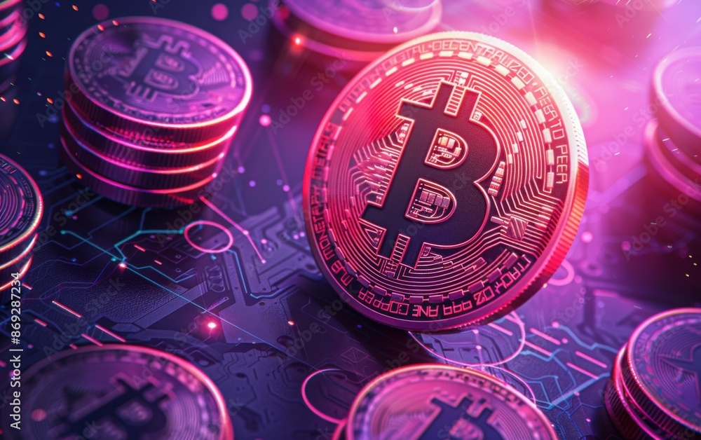 Aufkleber close-up of bitcoin coin with intricate design and metallic shine on circuit board-like surface, sym