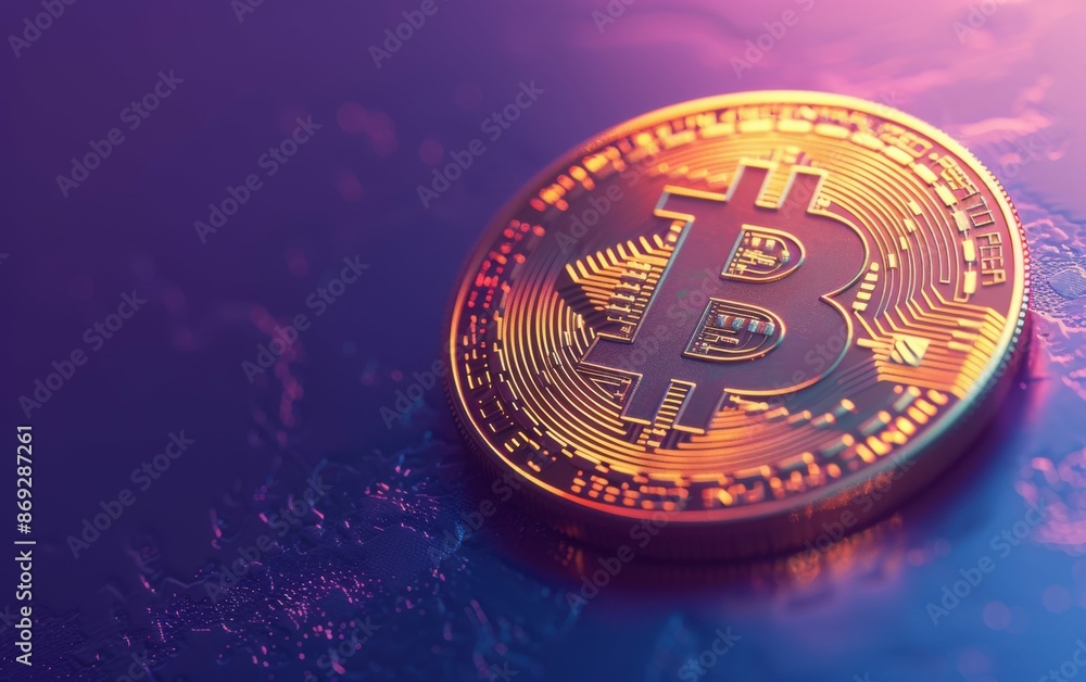 Poster a close-up shot of a bitcoin coin on a purple surface with a blurred background. the coin has the bi