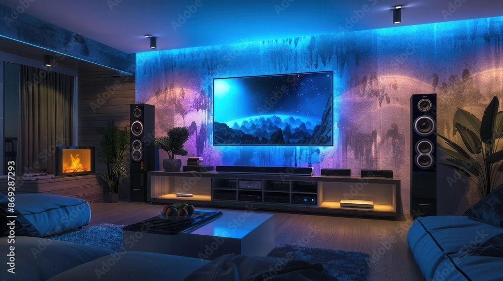 Poster A modern living room with a large smart TV displaying bright and sharp images and a home theater system. Generative AI