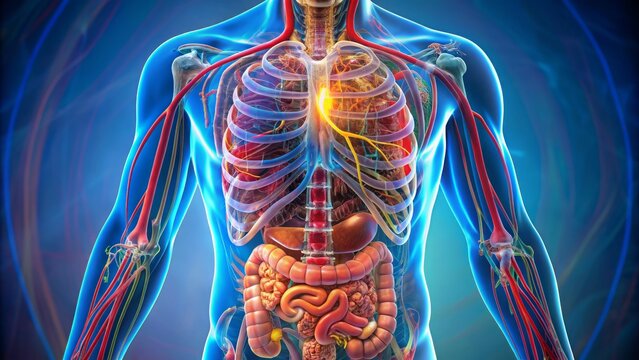 Colorful 3D illustration of the human digestive system showing stomach intestines and organs with detailed anatomy and internal structures.