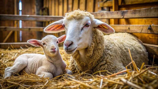 Floppy lamb lying alongside nursing ewe amidst straw-lined pens and rustic wooden fencing in a cozy German farmhouse interior.