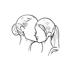 woman kissing girl on cheek, mother kissing daughter - hand drawn doodle