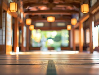 Fototapeta premium Blurred Shinto temple interior with no people, classical interior, light colors, background, wallpaper 
