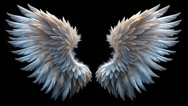 Glossy, snow-white, intricately feathered angel wings, spread wide, against a mysterious, dark, black background, evoking purity and celestial wonder.