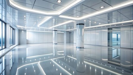 Modern luxurious empty room with sleek glossy floor and walls, minimalist decor, and futuristic architecture on pure white background rendering.
