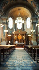 Fototapeta premium Blurred synagogue interior with no people, classical interior, light colors, background, wallpaper