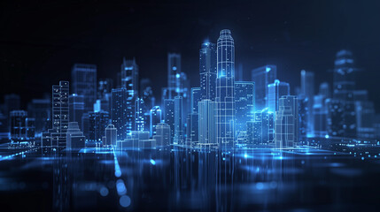 Blue glowing line drawing of the Cities at night, technology and digital elements in a dark blue background