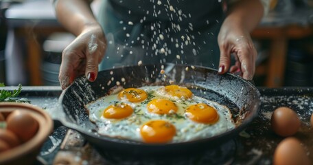 Sunny Side Up Eggs Sizzling in Pan with Fresh, Hearty Homemade Breakfast.