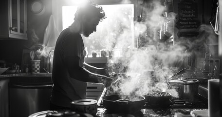 Man making breakfast in the kitchen at home. Handsome man preparing delicious food.