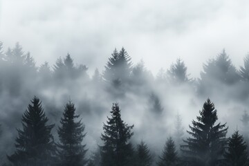 A picturesque yet haunting foggy pine forest in monochrome, the tall trees standing like silent