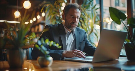 Businessman in suit using laptop in the modern office. --ar 17:9 --style raw --stylize 300 Job ID: eed39e12-a3be-4bc2-a43a-e695b7172bf6