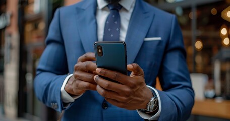 Businessman holding smartphone for business work. Handsome businessman checking emails on the phone.
