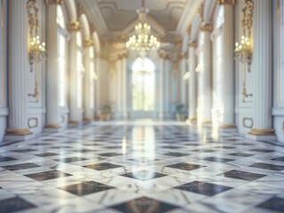 Obraz premium Modern luxurious blurred palace interior with no people, advertising, background, wallpaper, space for text