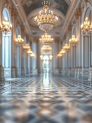 Obraz premium Modern luxurious blurred palace interior with no people, advertising, background, wallpaper, space for text