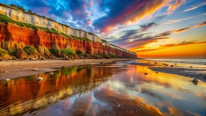 Vibrant warm hues of sunset cast across serene Hunstanton Beach, accentuating its distinctive striped cliffs and tranquil ocean waves.