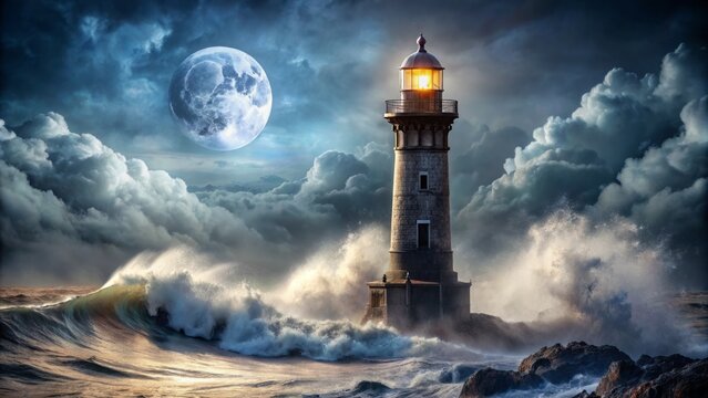 Eerie moonlit lighthouse tower stands tall amidst crashing ocean waves and swirling mist, evoking ghostly presence in abandoned coastal setting.