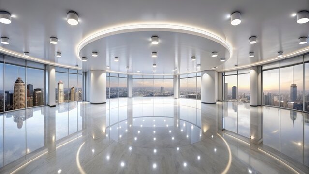 Brightly lit, sleek, and minimalist white studio environment with panoramic 360-degree view, stunning lights, and reflections in high-definition rendering.
