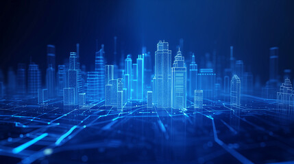 Blue glowing line drawing of the Cities at night, technology and digital elements in a dark blue background