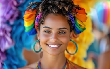 Obraz premium A candid portrait of a happy young woman wearing a bright rainbow headband, captured at a festive event