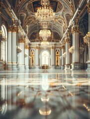 Fototapeta premium Modern luxurious palace interior with no people, lightly blurred, advertising, background, wallpaper, space for text